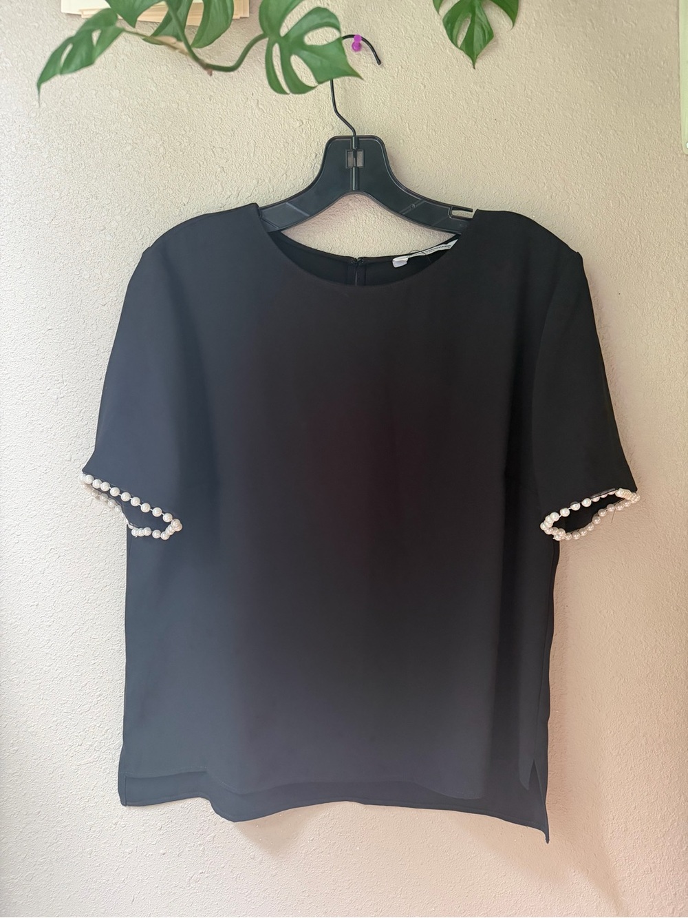 Amanda Uprichard Black Short Sleeve Blouse with Pearl Sleeve Trim